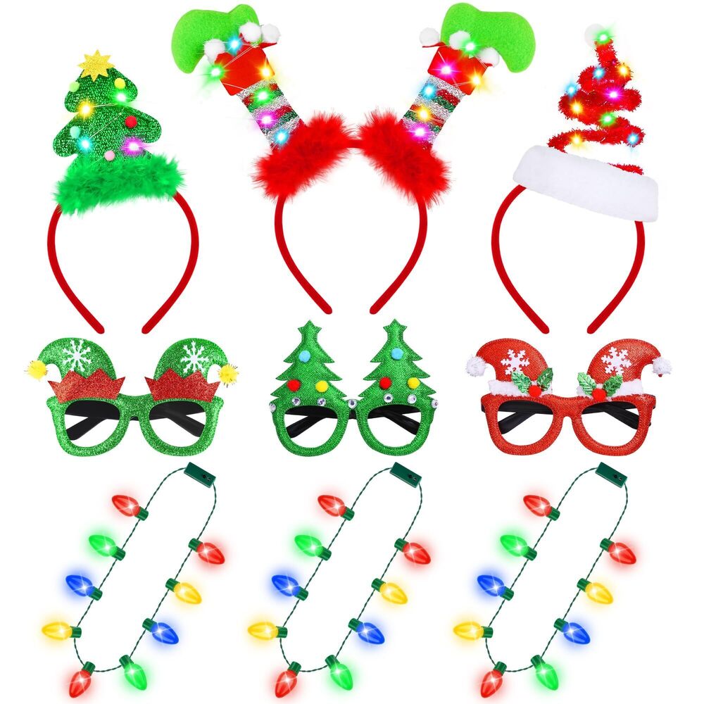 2252 9 Pieces Christmas Party Favors Light Up LED Necklace Headband Glasses